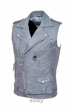 Men's Brando Grey Motorcycle Biker Steam Punk Real Cow Leather Waistcoat 1025