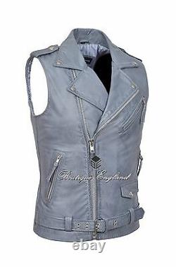 Men's Brando Grey Motorcycle Biker Steam Punk Real Cow Leather Waistcoat 1025