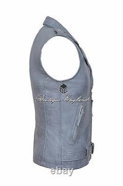 Men's Brando Grey Motorcycle Biker Steam Punk Real Cow Leather Waistcoat 1025