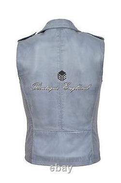 Men's Brando Grey Motorcycle Biker Steam Punk Real Cow Leather Waistcoat 1025