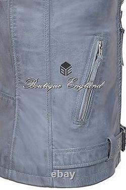 Men's Brando Grey Motorcycle Biker Steam Punk Real Cow Leather Waistcoat 1025