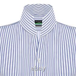 Men's Celebrity Style 100% Cotton Shirt High Open Collar Sky Blue White Stripes