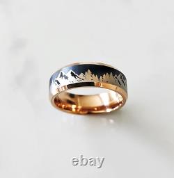 Men's Engraved Tungsten Mountain Range & Trees Outdoor Wedding Band Ring 8mm