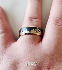 Men's Engraved Tungsten Mountain Range & Trees Outdoor Wedding Band Ring 8mm
