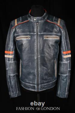 Men's FIGHTER Grey Washed Lambskin Cool Motorcycle Biker Stripe Leather Jacket