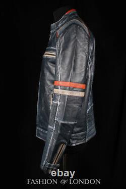 Men's FIGHTER Grey Washed Lambskin Cool Motorcycle Biker Stripe Leather Jacket