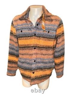 Men's Faherty range heavy pile fleece Shirt Jacket L Orange Blue Striped