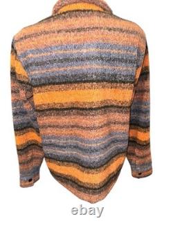 Men's Faherty range heavy pile fleece Shirt Jacket L Orange Blue Striped