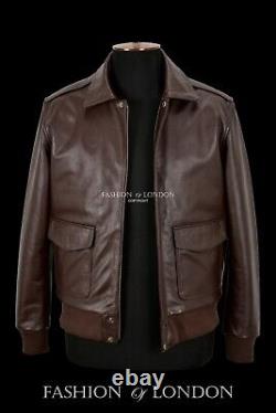 Men's Flight Leather Jacket Brown Cowhide Classic Fashion Bomber Pilot Jacket