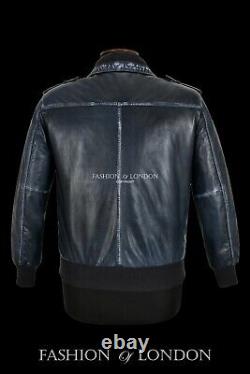 Men's Flight Leather Jacket Navy Vintage Napa Casual Fashion Bomber Pilot Jacket
