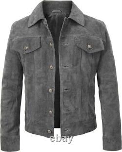 Men's Grey Suede Leather Trucker Jacket Classic Motorcycle Bomber Western Jacket