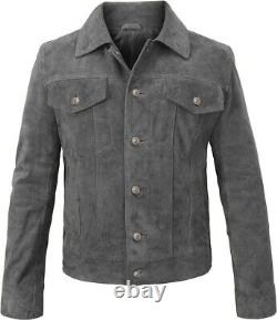 Men's Grey Suede Leather Trucker Jacket Classic Motorcycle Bomber Western Jacket