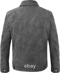 Men's Grey Suede Leather Trucker Jacket Classic Motorcycle Bomber Western Jacket