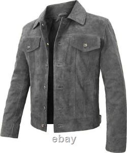 Men's Grey Suede Leather Trucker Jacket Classic Motorcycle Bomber Western Jacket