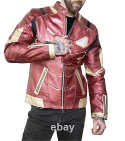 Men's Iron Armor Platinum Red & Gold Leather Jacket Size 3XS-3XL