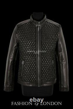 Men's Leather Jacket Black Elasticated Diamond Quilted Front Racer Jacket 465-S