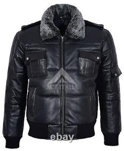 Men's Leather Jacket Black Fur Collar Bomber Air Force 100% REAL LEATHER Pilot-8