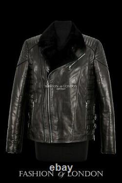 Men's Leather Jacket Black With Black Shearling Lined Veg Tanned Biker Jacket