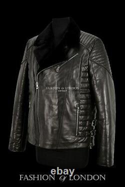 Men's Leather Jacket Black With Black Shearling Lined Veg Tanned Biker Jacket