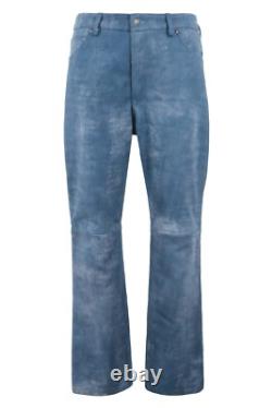 Men's Leather Pant Wide Leg Style Trouser Blue Buffed Soft Real Leather Jeans