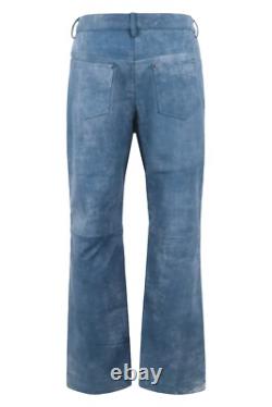 Men's Leather Pant Wide Leg Style Trouser Blue Buffed Soft Real Leather Jeans
