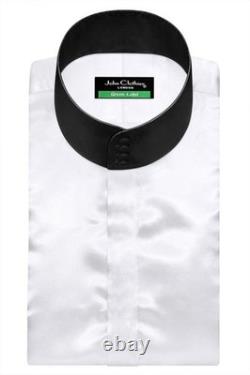 Men's Mandarin High Band Collar Shirt White Satin Covered Placket Vintage Style