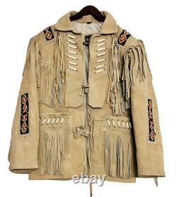 Men's Native American Cowboy Jacket Fringe Leather Jacket Western Suede Jacket