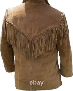 Men's Native American Cowboy Real Leather Jacket Fringe Suede Western Jacket