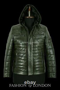 Men's Puffer Hooded Leather Jacket Olive Green Napa Fully Quilted Sport Jacket