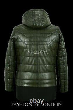 Men's Puffer Hooded Leather Jacket Olive Green Napa Fully Quilted Sport Jacket