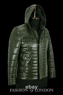 Men's Puffer Hooded Leather Jacket Olive Green Napa Fully Quilted Sport Jacket