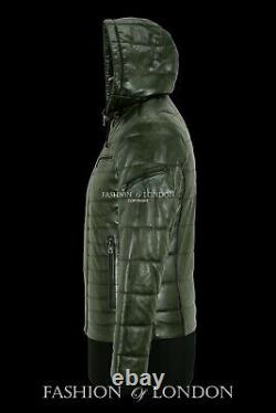 Men's Puffer Hooded Leather Jacket Olive Green Napa Fully Quilted Sport Jacket