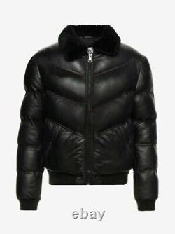 Men's Puffer Leather Jacket Black Lambskin Soft Collar WARM Bomber Jacket