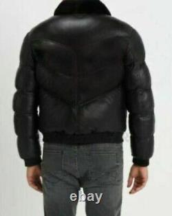 Men's Puffer Leather Jacket Black Lambskin Soft Collar WARM Bomber Jacket