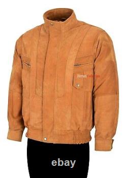 Men's Real Leather Bomber Jacket Tan Buff Classic Fashion Gents Blouson Jacket