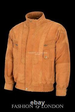 Men's Real Leather Bomber Jacket Tan Buff Classic Fashion Gents Blouson Jacket