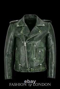 Men's Real Leather Riding Jacket Green Vintage Thick Cowhide Brando Biker Style