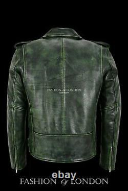 Men's Real Leather Riding Jacket Green Vintage Thick Cowhide Brando Biker Style