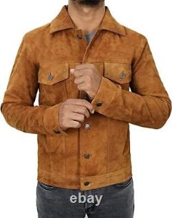 Men's Real Suede Leather Trucker Classic Retro Motorcycle Bomber Brown Jacket