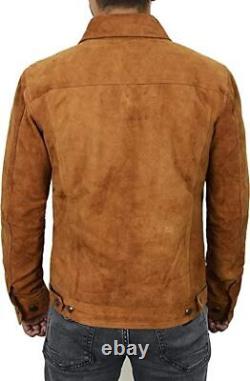 Men's Real Suede Leather Trucker Classic Retro Motorcycle Bomber Brown Jacket