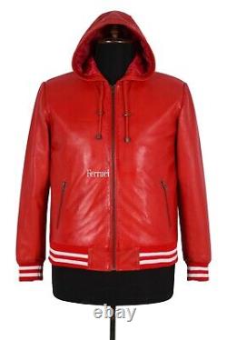 Men's Red Baseball White Stripes New Hooded Bomber Real Lambskin Leather Jacket