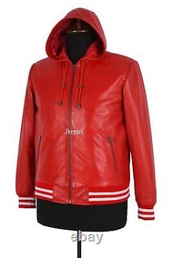 Men's Red Baseball White Stripes New Hooded Bomber Real Lambskin Leather Jacket