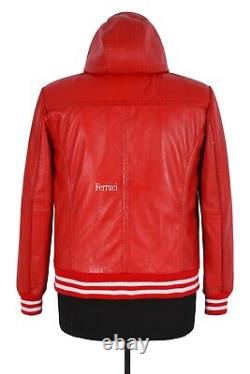 Men's Red Baseball White Stripes New Hooded Bomber Real Lambskin Leather Jacket
