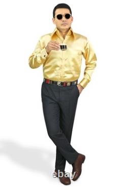 Men's Red Carpet Gold Glossy Shiny Satin Shirt Edwardian High Long Point Collar