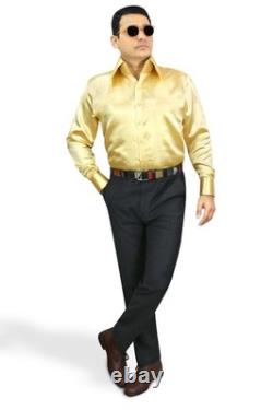 Men's Red Carpet Gold Glossy Shiny Satin Shirt Edwardian High Long Point Collar
