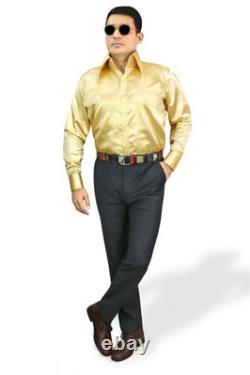 Men's Red Carpet Gold Glossy Shiny Satin Shirt Edwardian High Long Point Collar