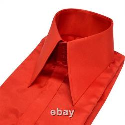 Men's Red Silky Satin 70s Dagger Shirt Hidden Placket High Long Pointed Collar