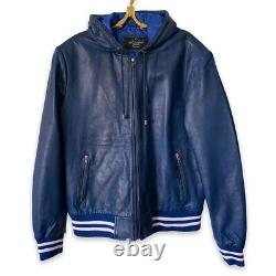 Men's Smart Range Real Leather Jacket Baseball Hooded Blue XL