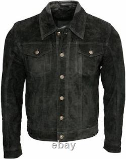 Men's Trucker Real Leather Suede Black Western Style Motorcycle Button Jacket