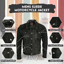 Men's Trucker Real Leather Suede Black Western Style Motorcycle Button Jacket